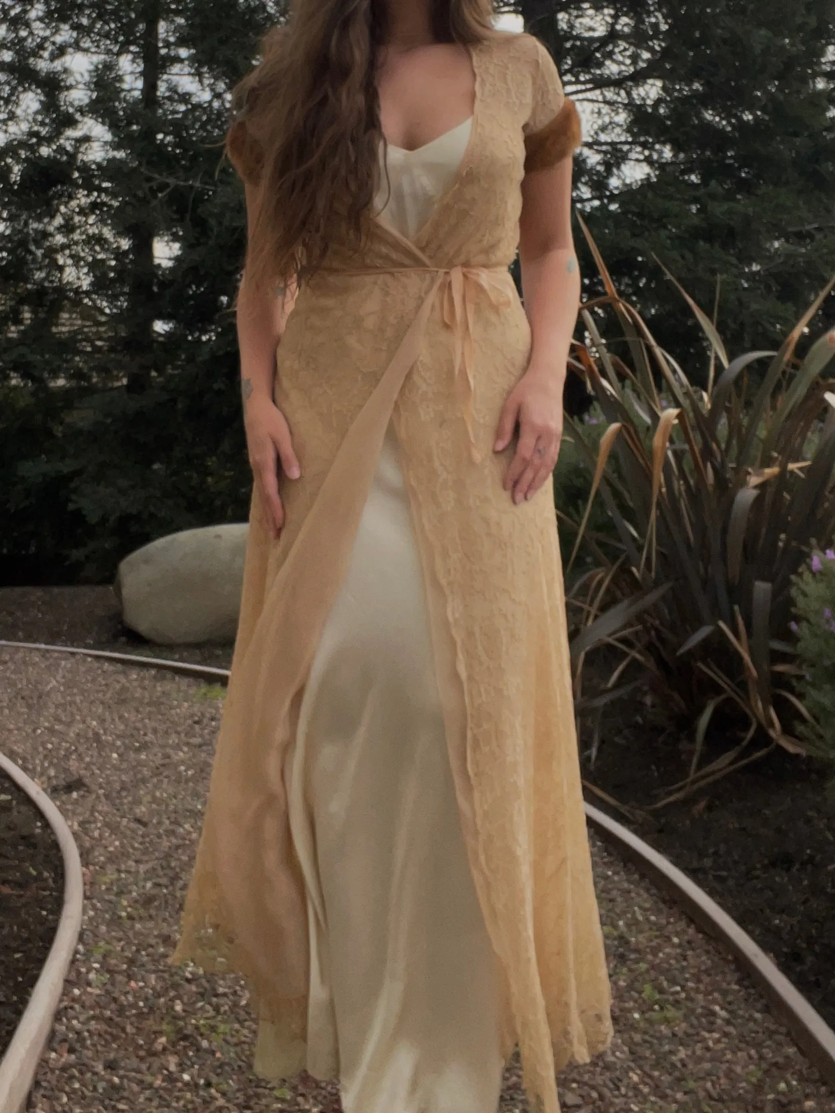 1930s Lace Mink Trim Wrap Peignoir