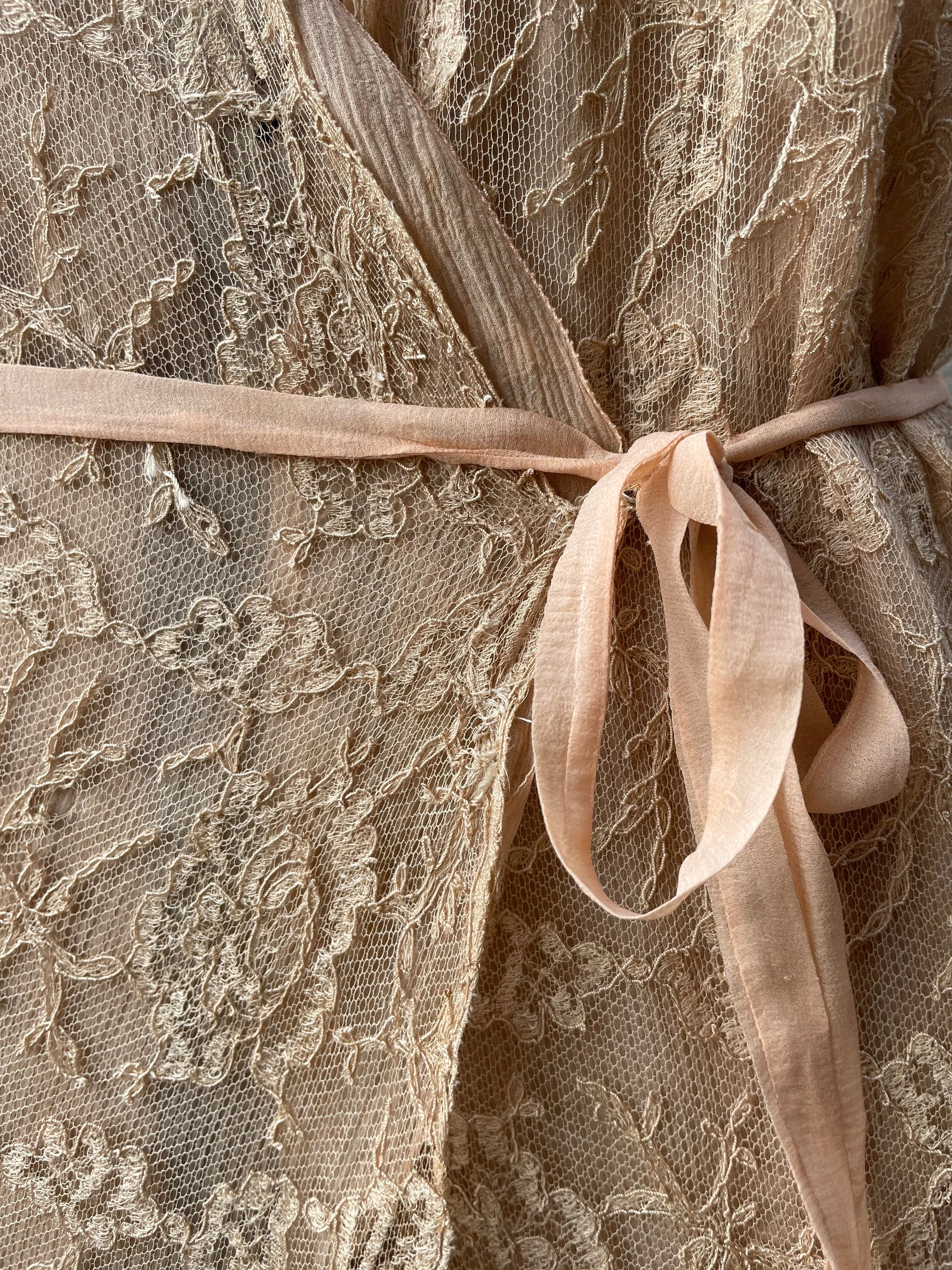 1930s Lace Mink Trim Wrap Peignoir