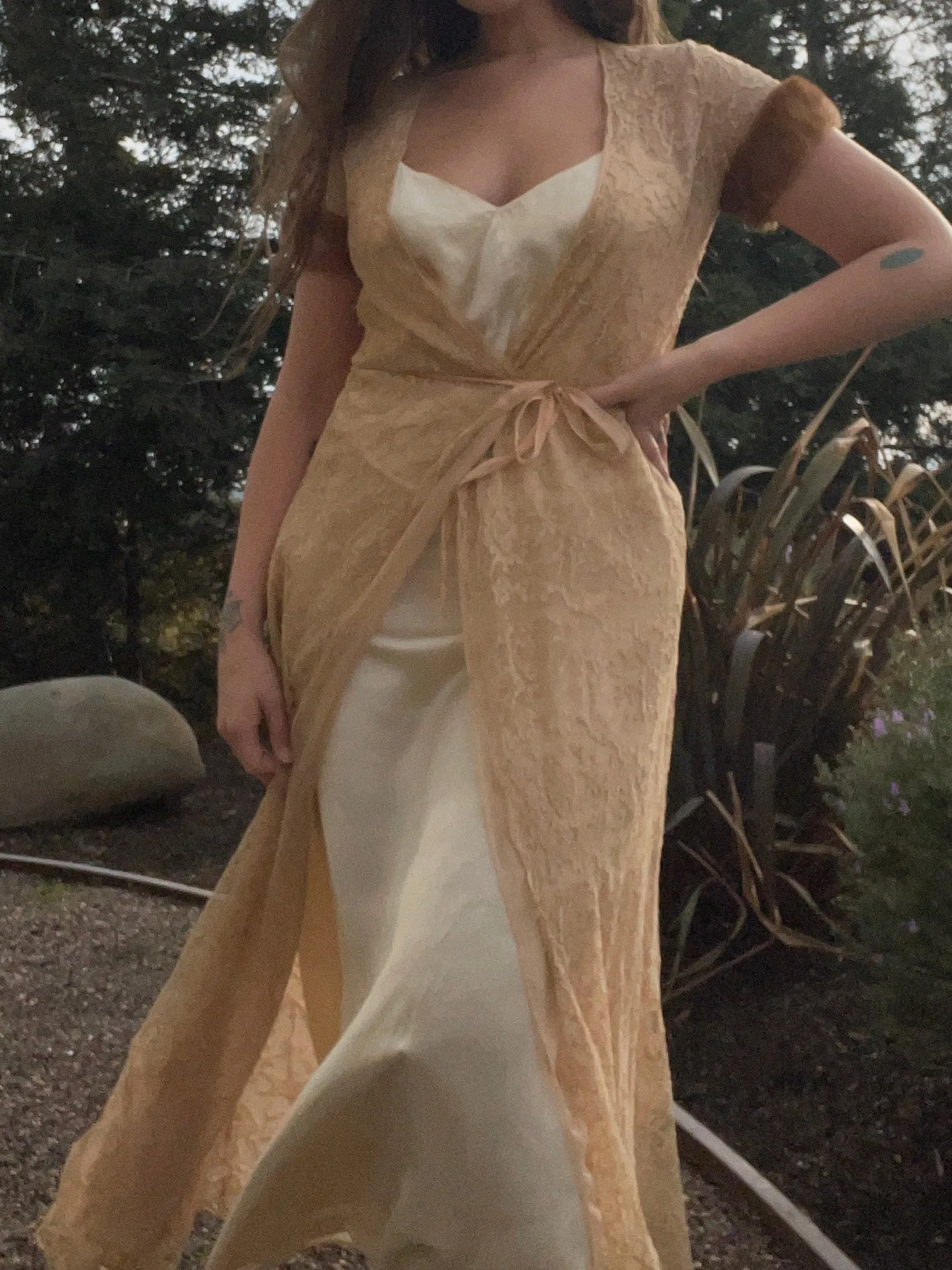 1930s Lace Mink Trim Wrap Peignoir
