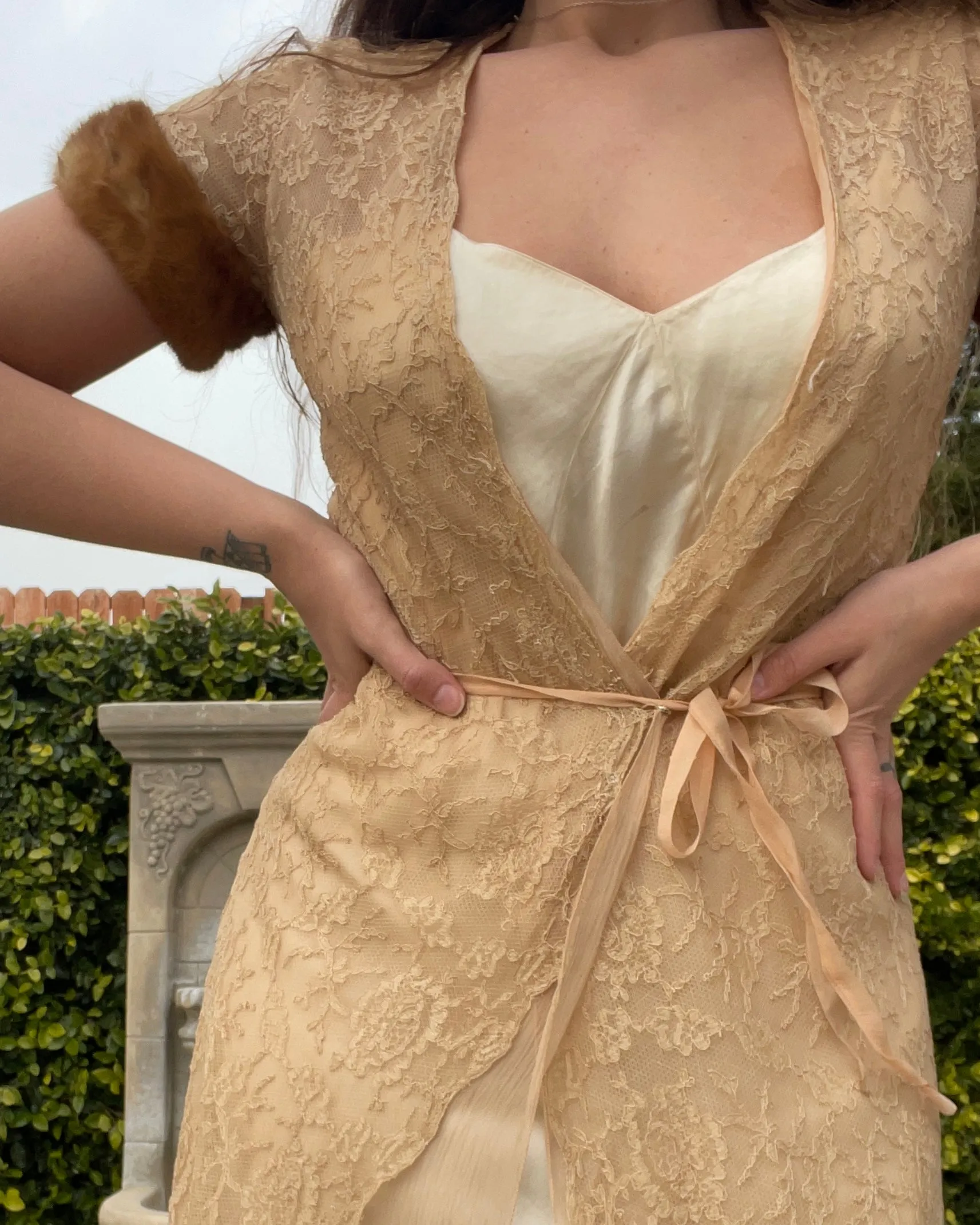1930s Lace Mink Trim Wrap Peignoir