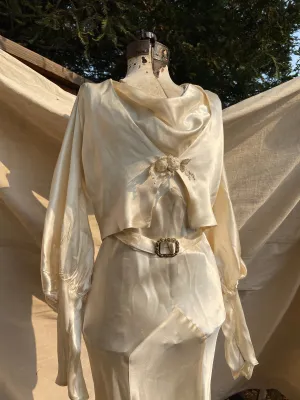 1930s Silk Satin Bias Cut Two Piece Bishop Sleeve Wedding Dress