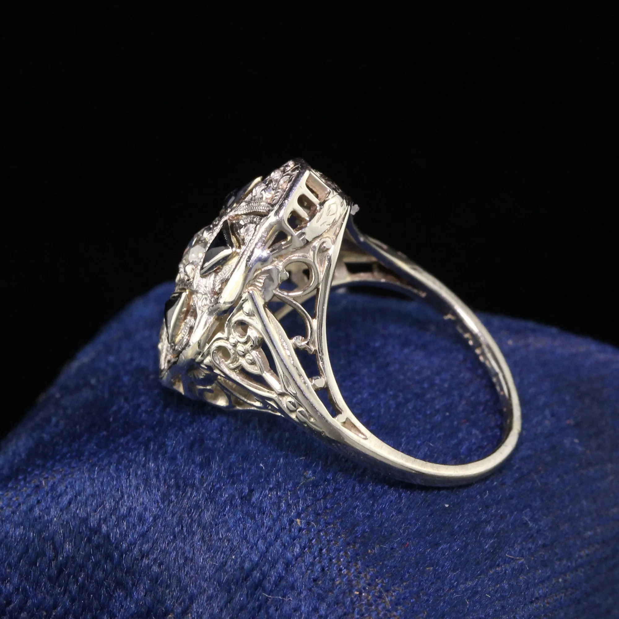 Antique Art Deco 18K White Gold Diamond and Sapphire Shield Ring