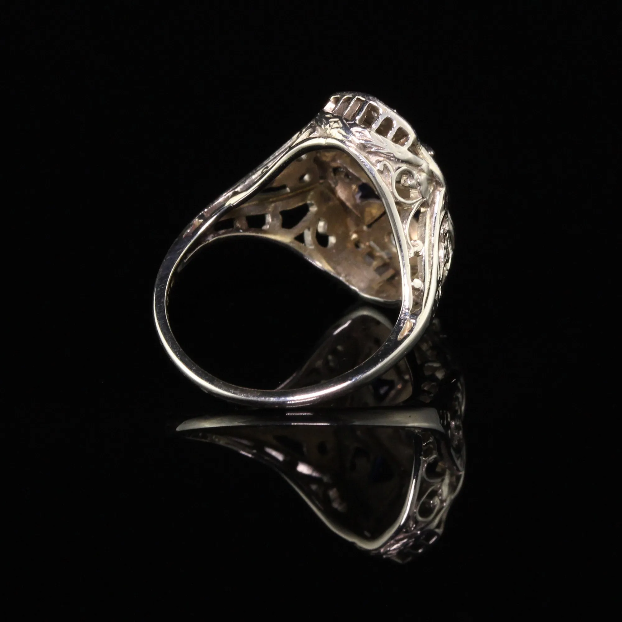 Antique Art Deco 18K White Gold Diamond and Sapphire Shield Ring