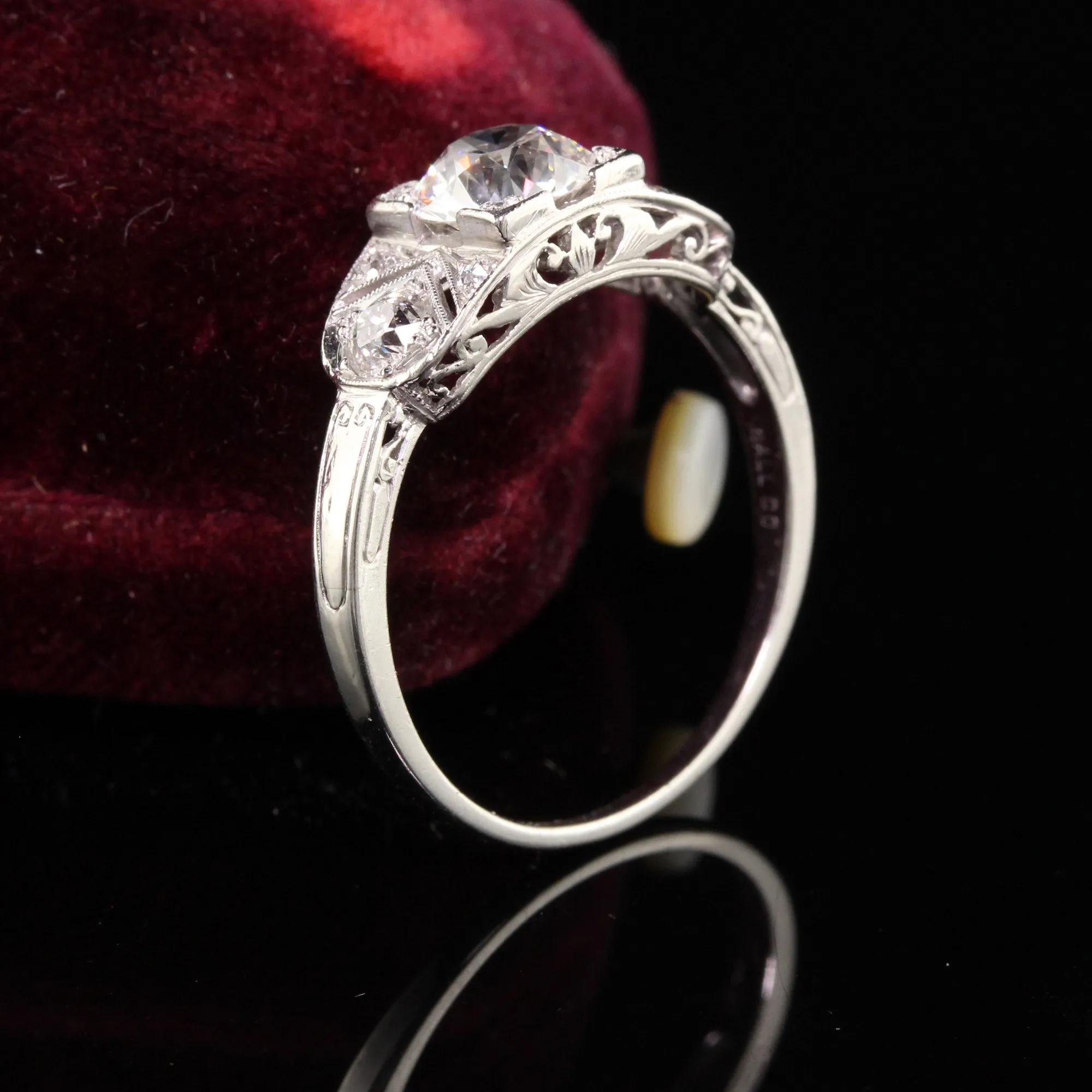Antique Art Deco Platinum Hall Co Old European Diamond Engagement Ring