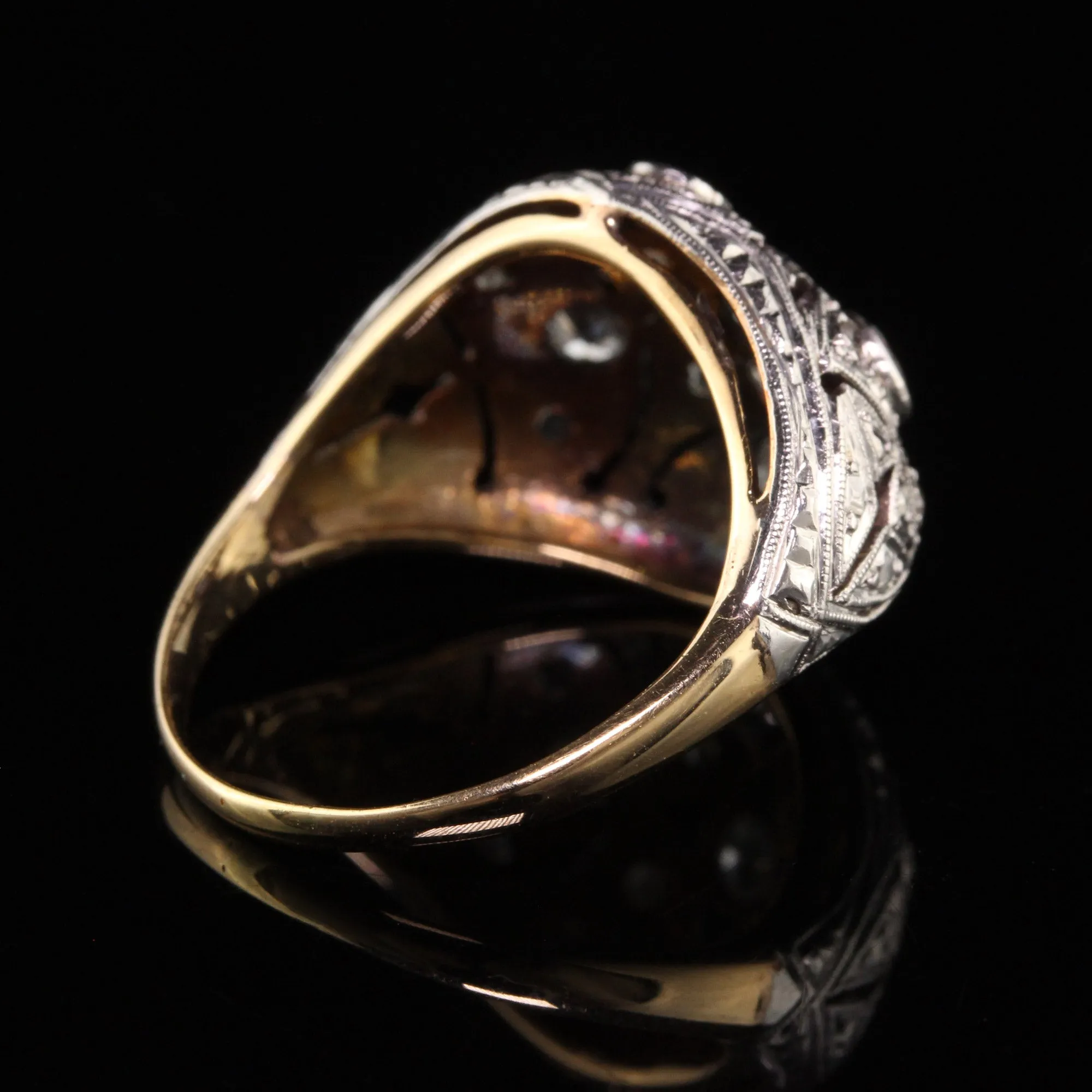 Art Deco 18K Yellow Gold Platinum Top Old European Diamond Ring
