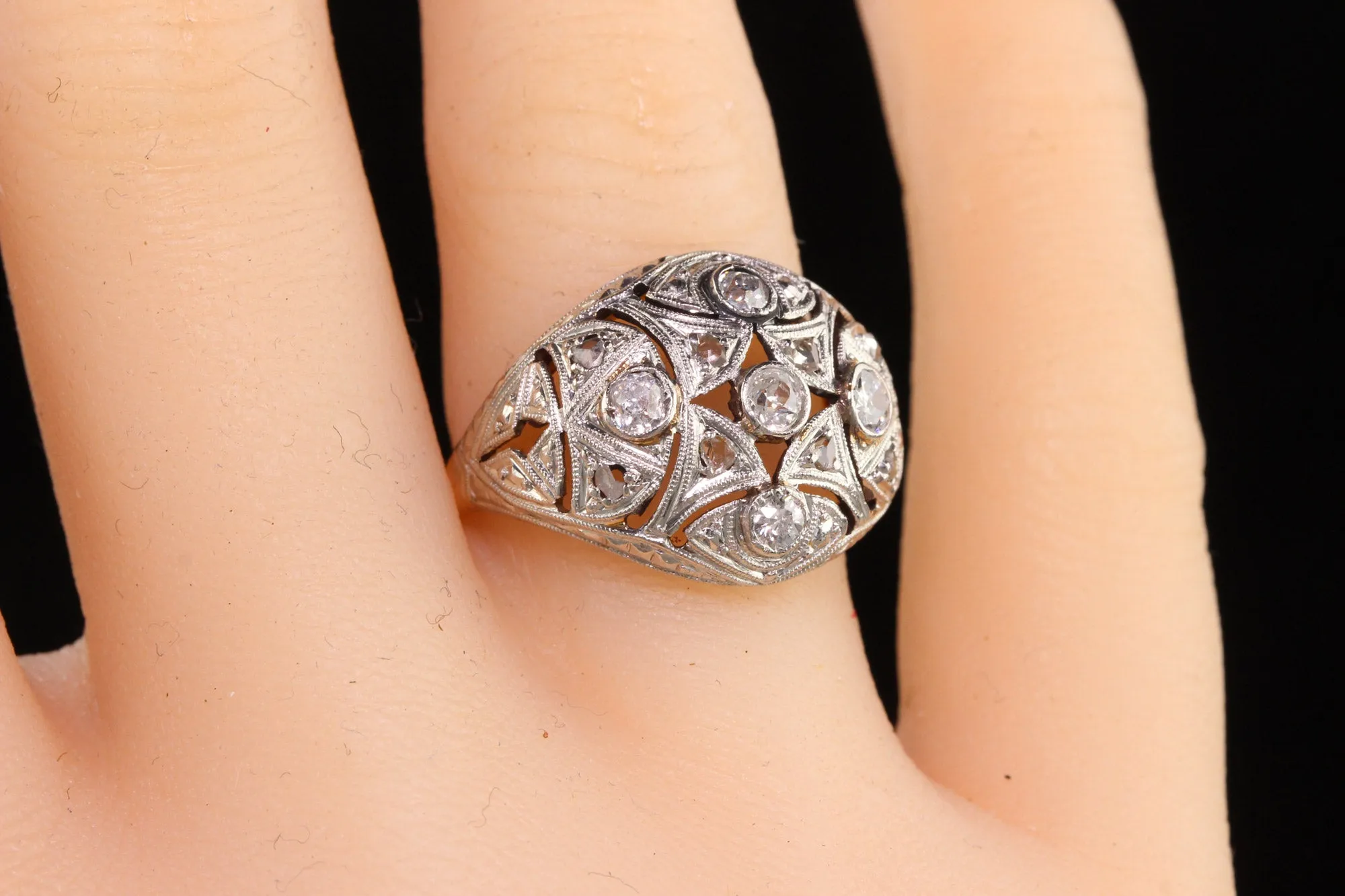 Art Deco 18K Yellow Gold Platinum Top Old European Diamond Ring