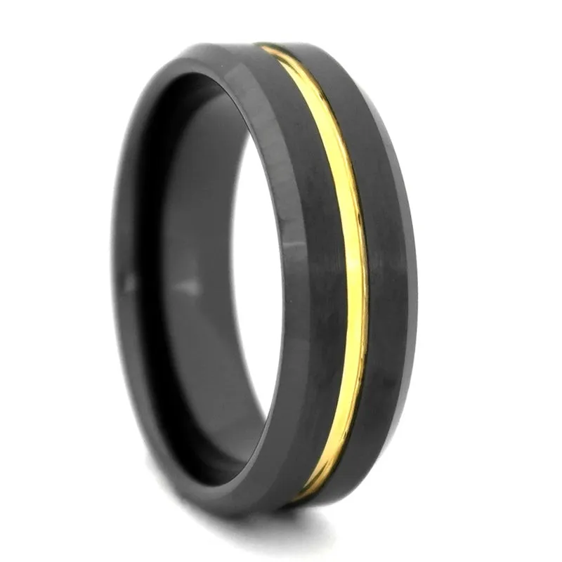 Black High-Tech Ceramic Band with Gold Color Plated Groove, Size 10 (91592)