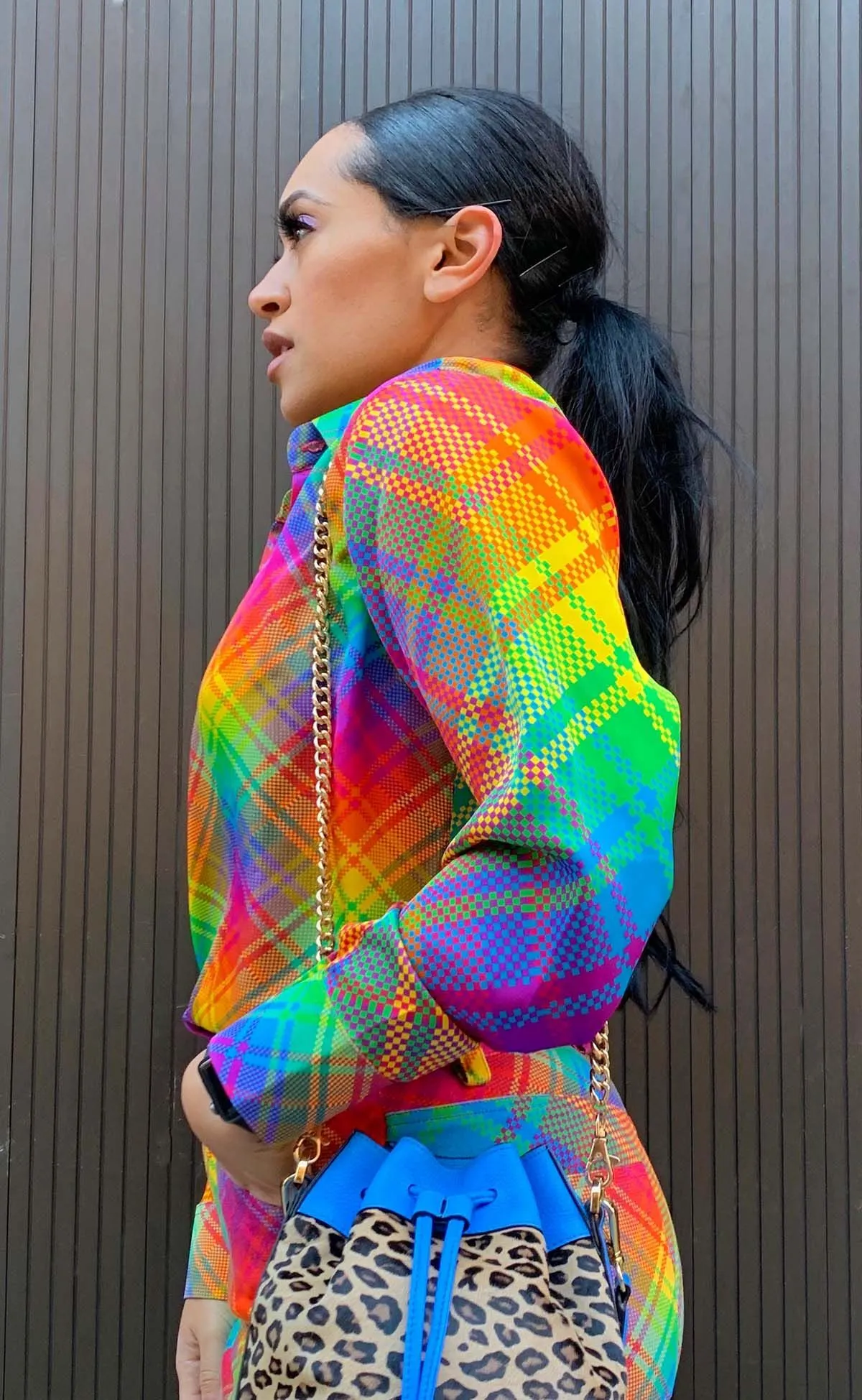 BruceGlen RAINBOW BIAS PLAID SILKY Button Down Shirt