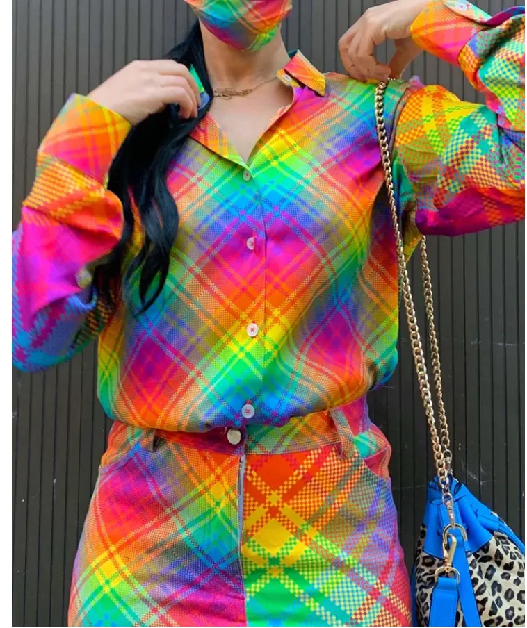 BruceGlen RAINBOW BIAS PLAID SILKY Button Down Shirt