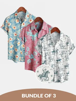 Bundle Of 3 | Men's Vintage Short Sleeve Button Up Beach Hawaiian Shirts