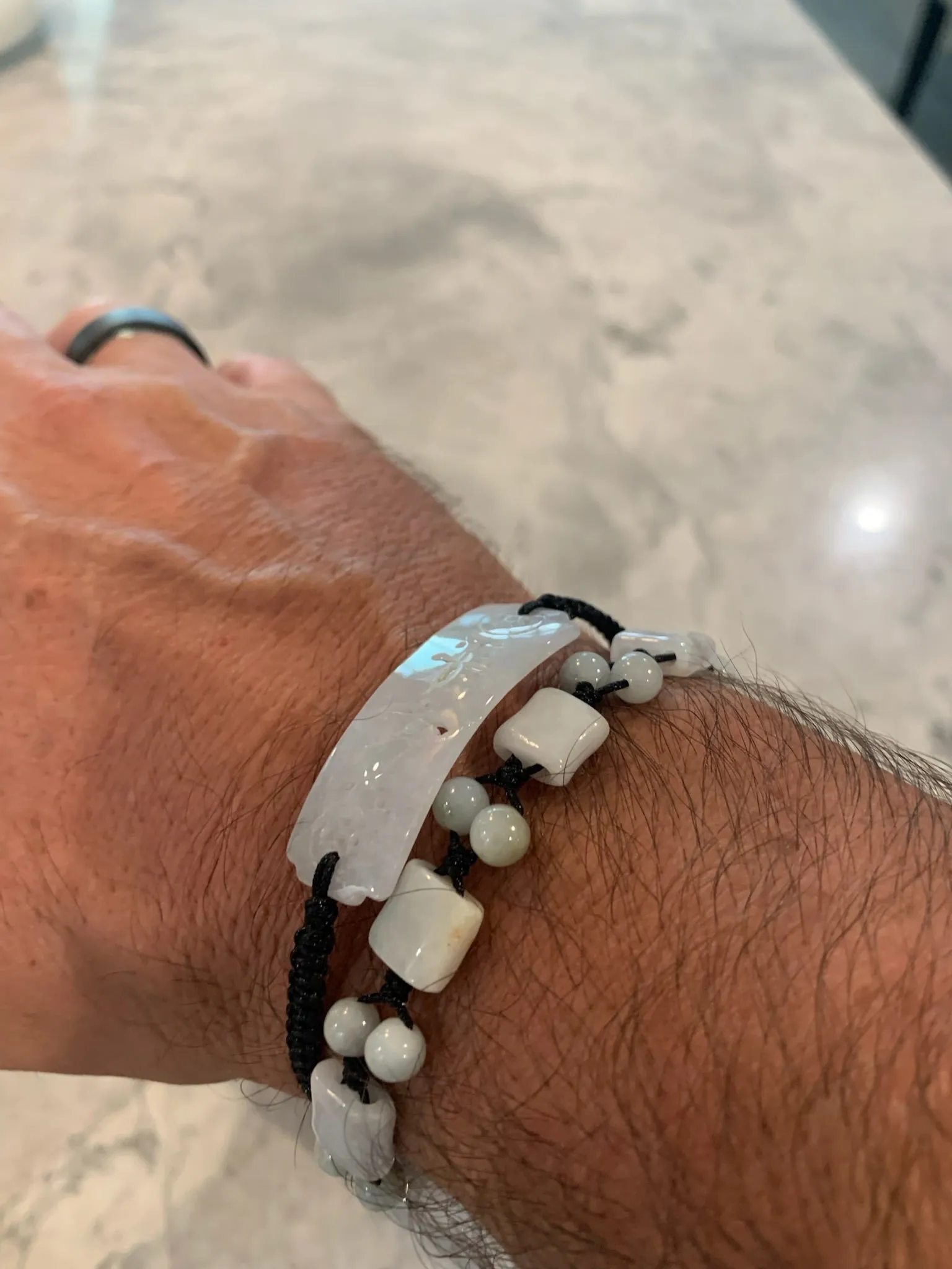 Burmese Jadeite Carved Good Fortune Men's Silk Bracelet
