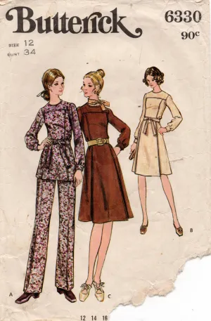 Butterick 6330 Womens Pleat Front Dress Tunic & Pants 1970s Vintage Sewing Pattern Size 12 Bust 34 inches