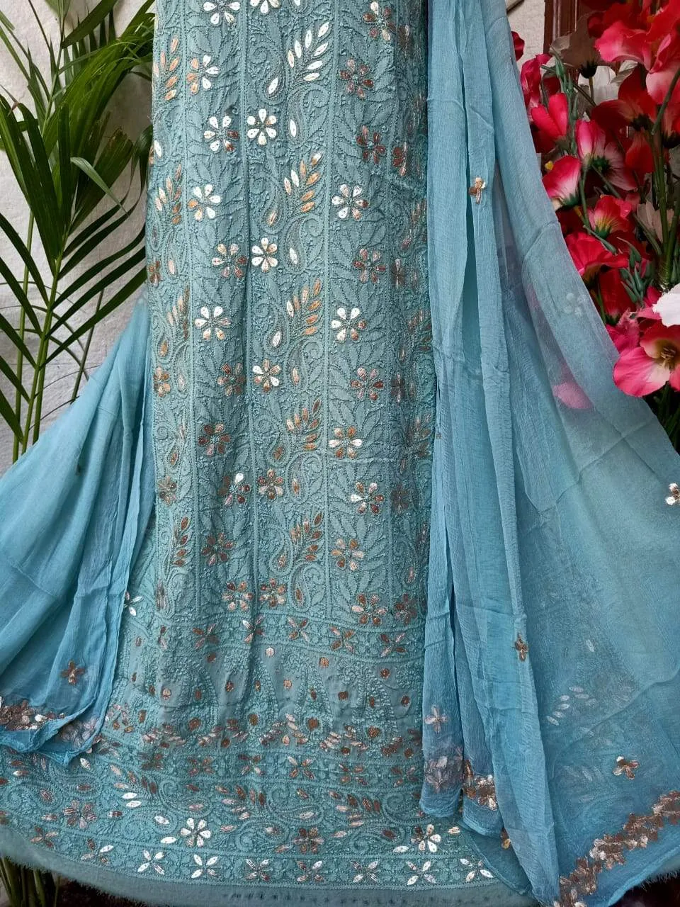 Calming Blue Fancy Heavy Chikankari Gota Salwar Kameez Dress Material