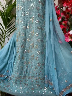 Calming Blue Fancy Heavy Chikankari Gota Salwar Kameez Dress Material