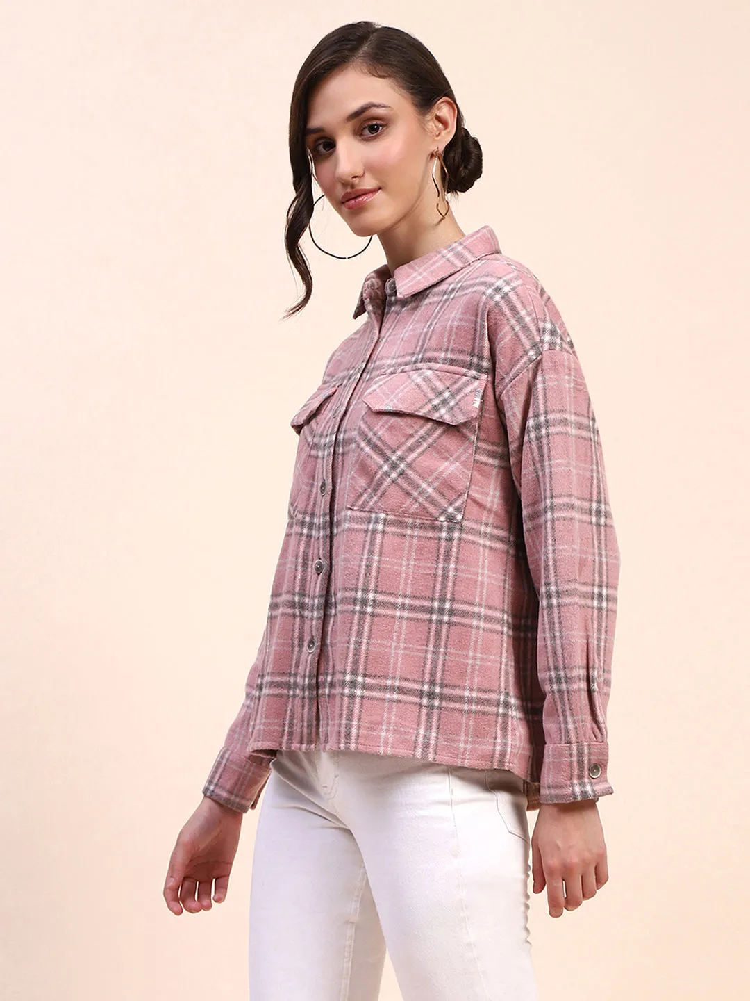 Camla Barcelona Checkered Dusty Pink Flap Patch Cotton Shirt