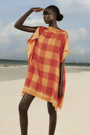 Checked Silk Twill Kaftan Beach or Swimsuit Coverup in Orange