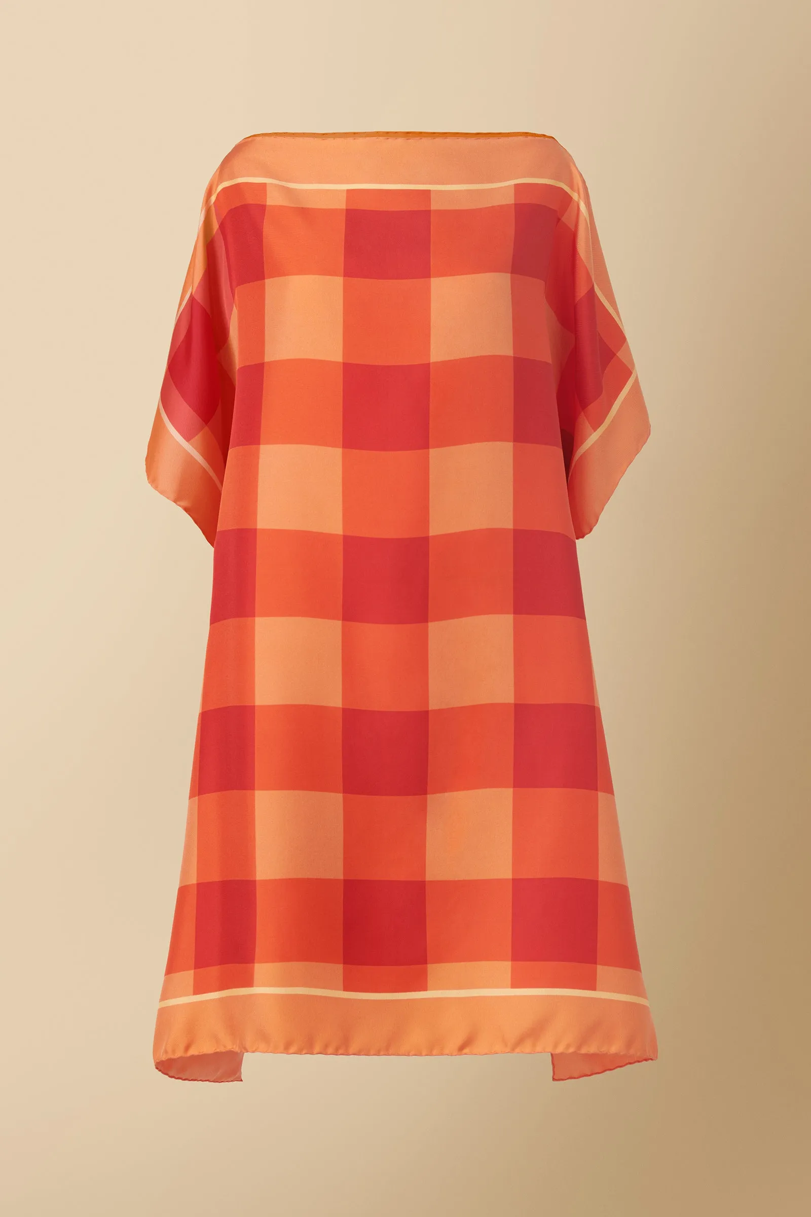 Checked Silk Twill Kaftan Beach or Swimsuit Coverup in Orange