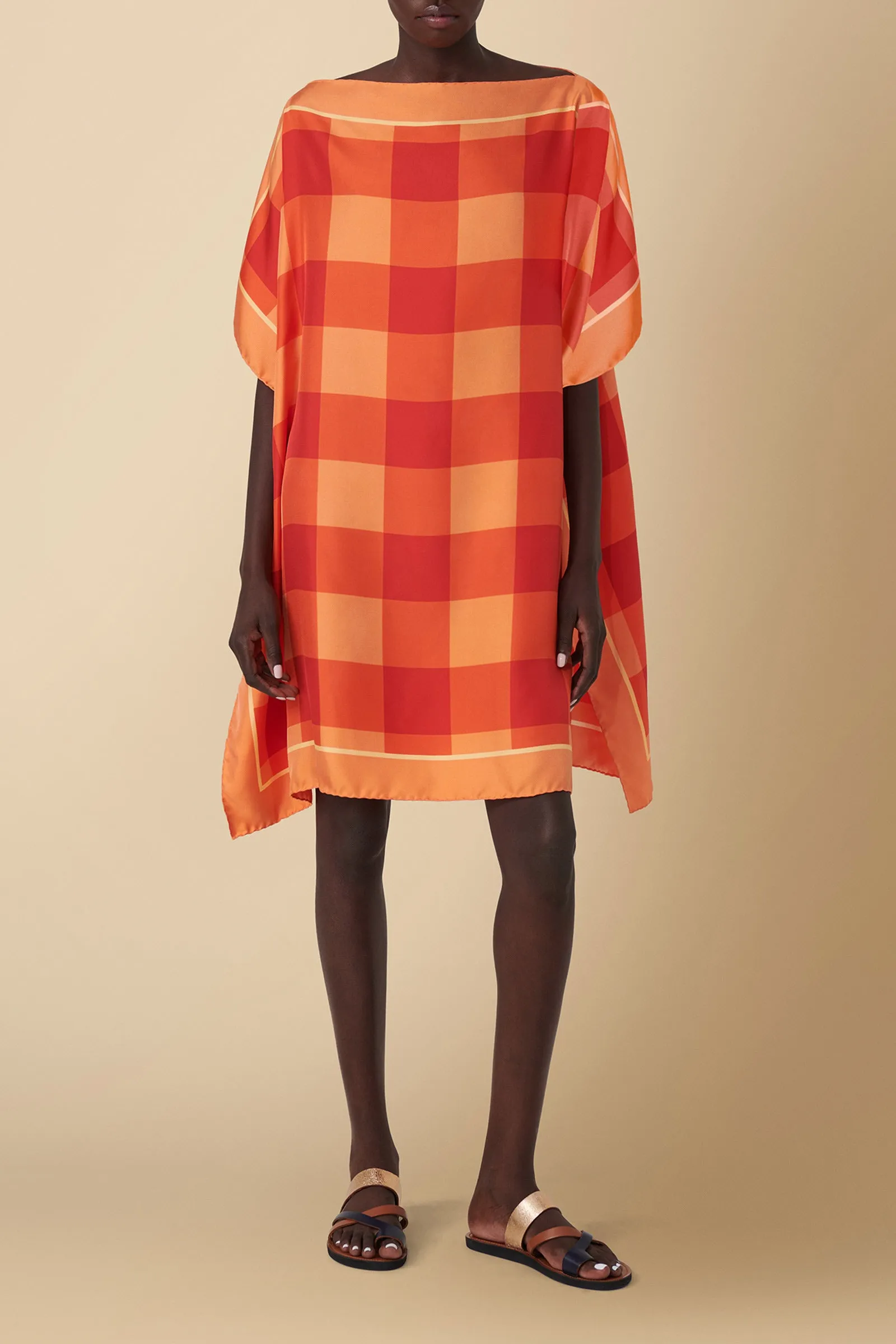 Checked Silk Twill Kaftan Beach or Swimsuit Coverup in Orange