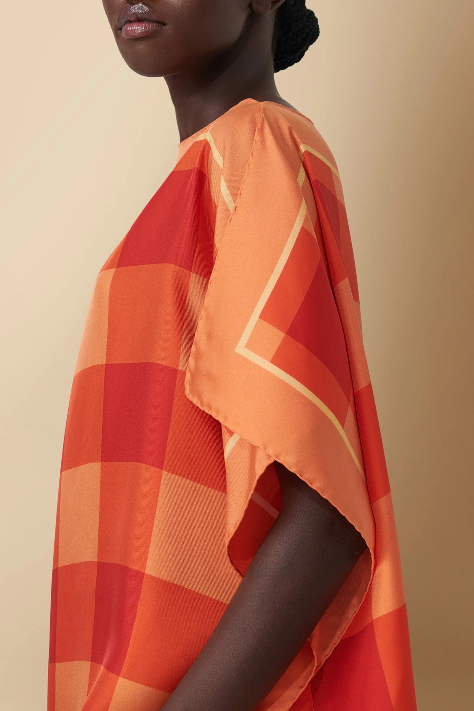 Checked Silk Twill Kaftan Beach or Swimsuit Coverup in Orange