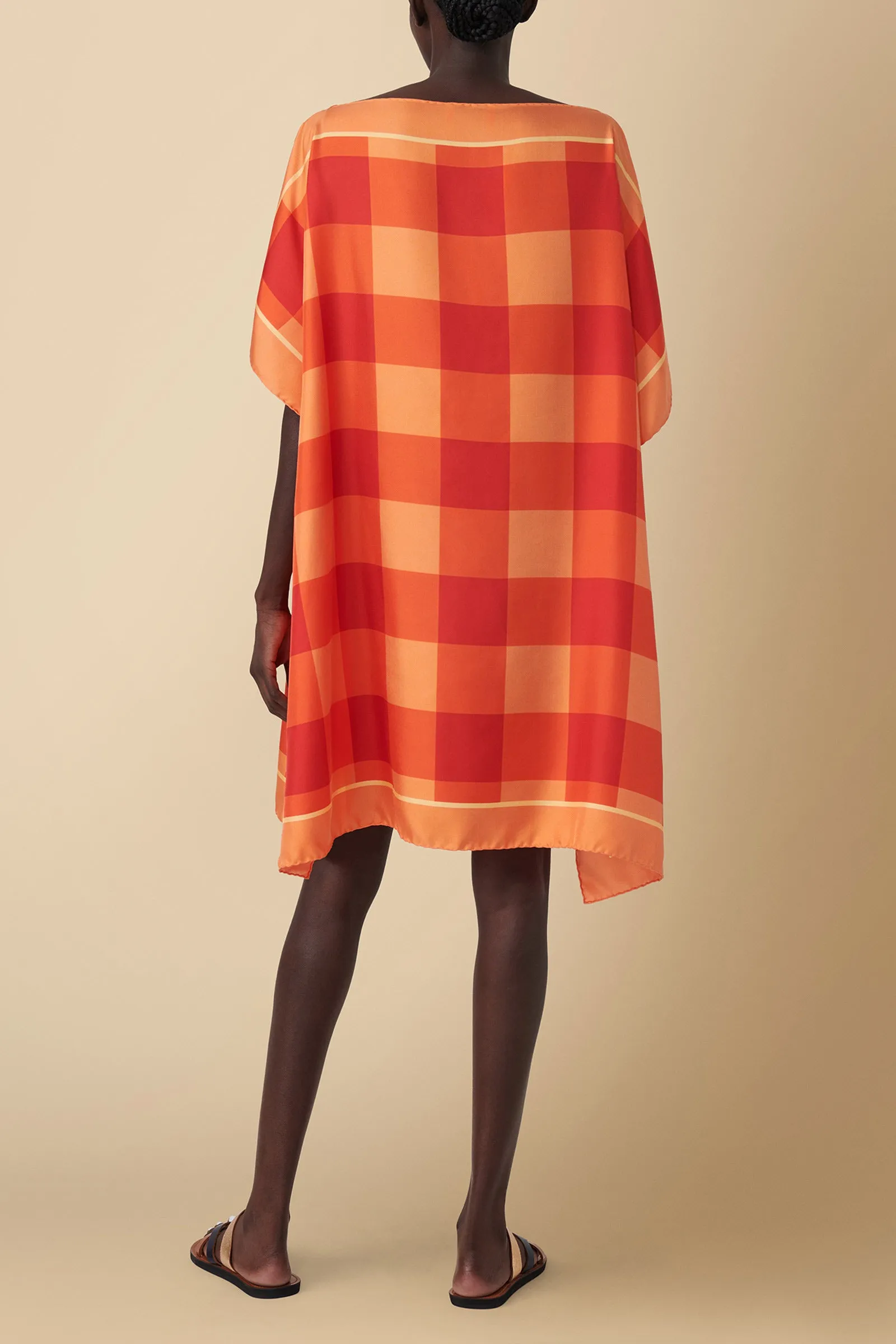 Checked Silk Twill Kaftan Beach or Swimsuit Coverup in Orange