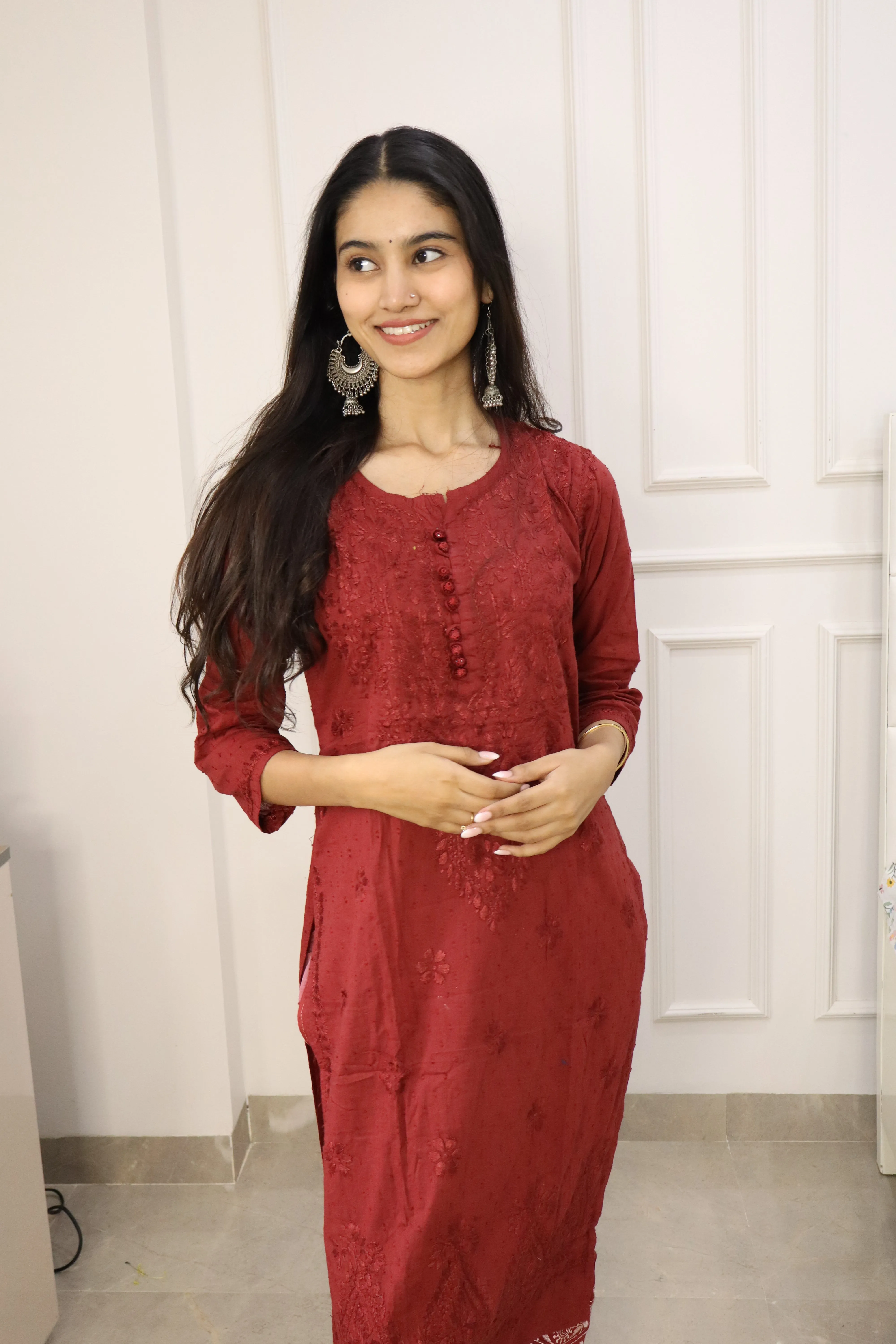 Coke Color Chikankari cotton Kurti With Pant