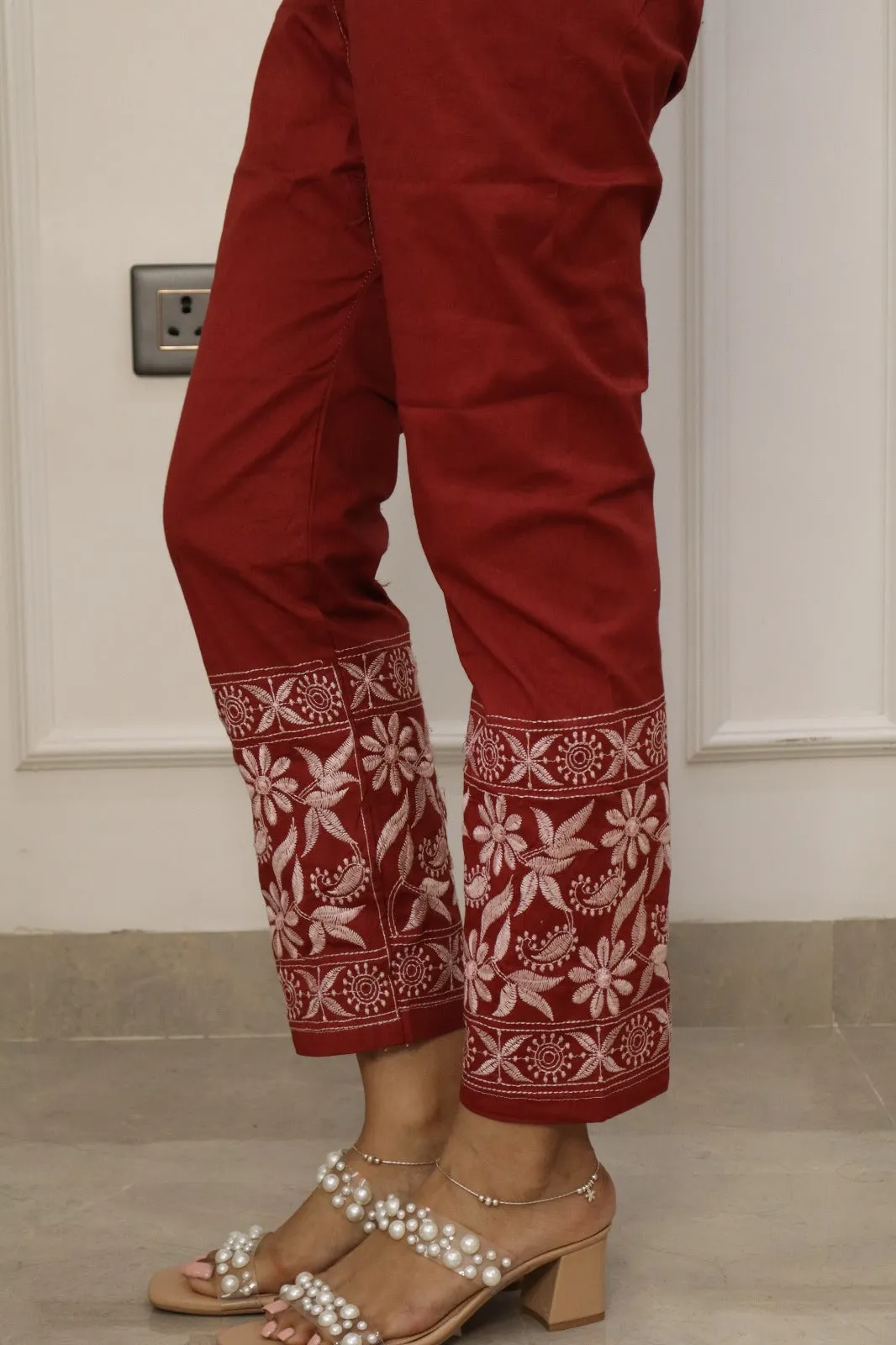 Coke Color Chikankari cotton Kurti With Pant