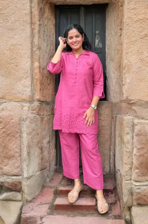 Coord Set Chikankari Cutwork Cotton In Pink Color