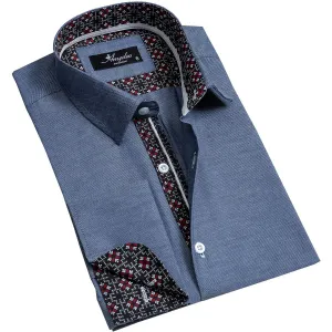 Denim Blue Mens Slim Fit French Cuff Shirts with Cufflink Holes - Casual and Formal