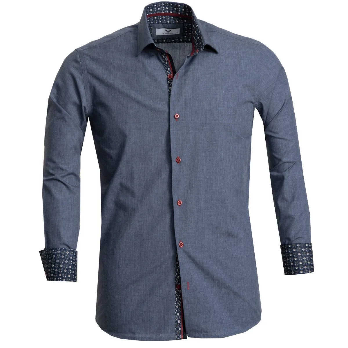 Denim Blue Mens Slim Fit French Cuff Shirts with Cufflink Holes - Casual and Formal