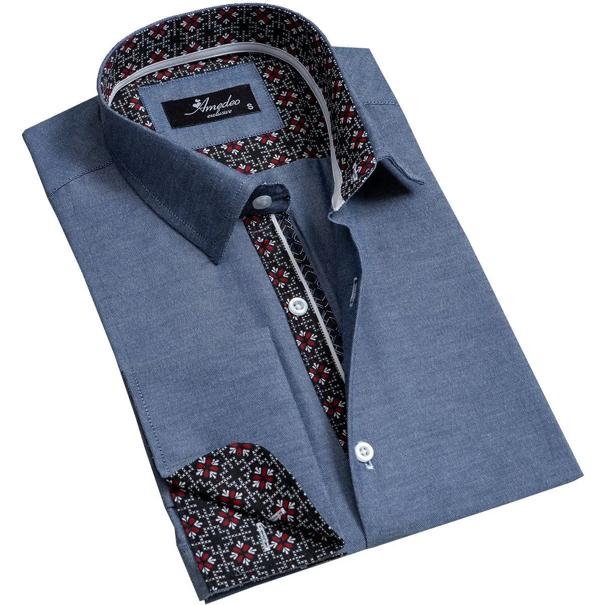 Denim Blue Mens Slim Fit French Cuff Shirts with Cufflink Holes - Casual and Formal