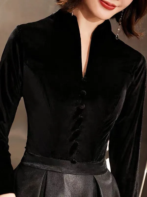 Eleagnt Black Evening Dresses Long V Neck Velvet Satin Patchwork Maxi Dresses