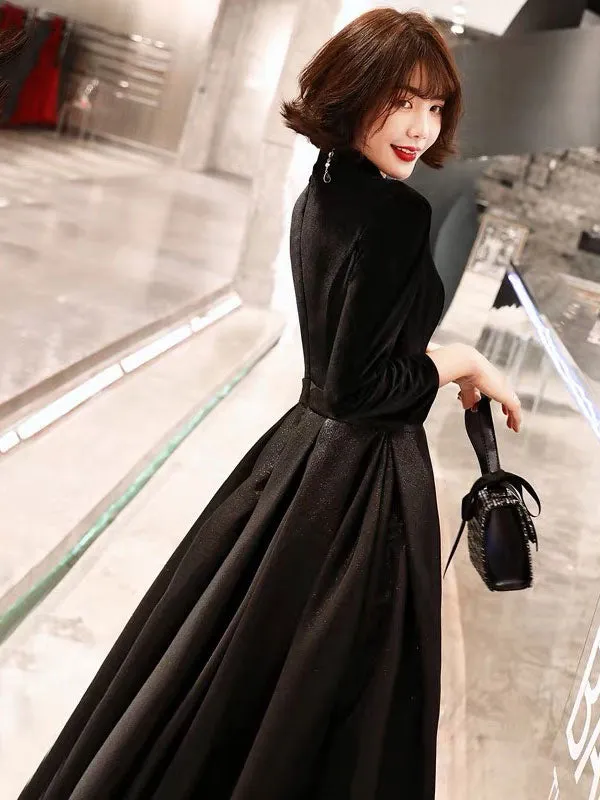 Eleagnt Black Evening Dresses Long V Neck Velvet Satin Patchwork Maxi Dresses