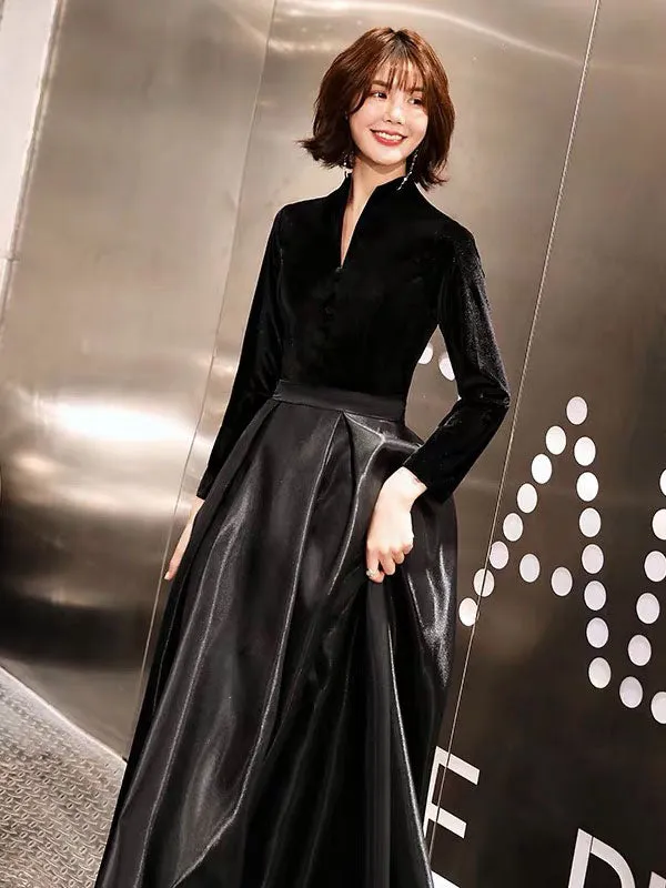 Eleagnt Black Evening Dresses Long V Neck Velvet Satin Patchwork Maxi Dresses
