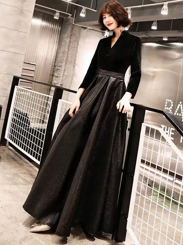 Eleagnt Black Evening Dresses Long V Neck Velvet Satin Patchwork Maxi Dresses