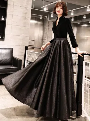 Eleagnt Black Evening Dresses Long V Neck Velvet Satin Patchwork Maxi Dresses