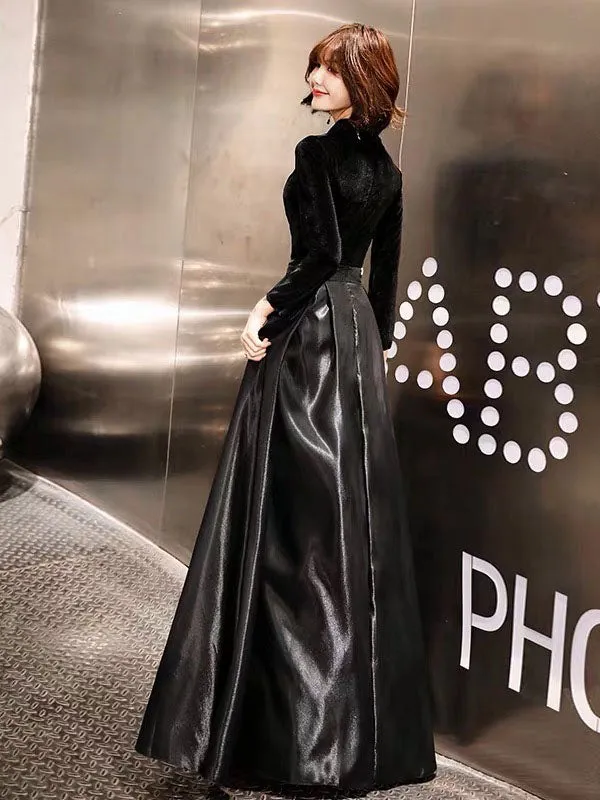 Eleagnt Black Evening Dresses Long V Neck Velvet Satin Patchwork Maxi Dresses