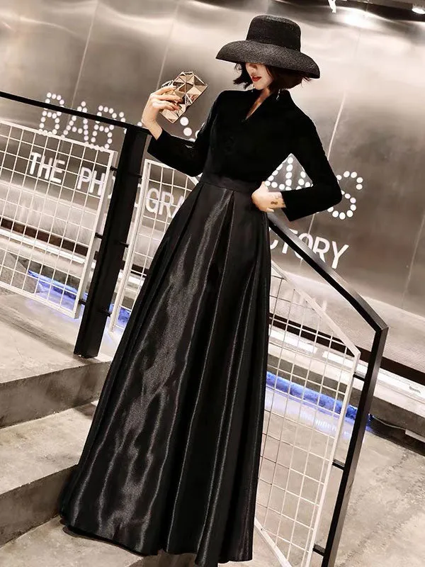 Eleagnt Black Evening Dresses Long V Neck Velvet Satin Patchwork Maxi Dresses