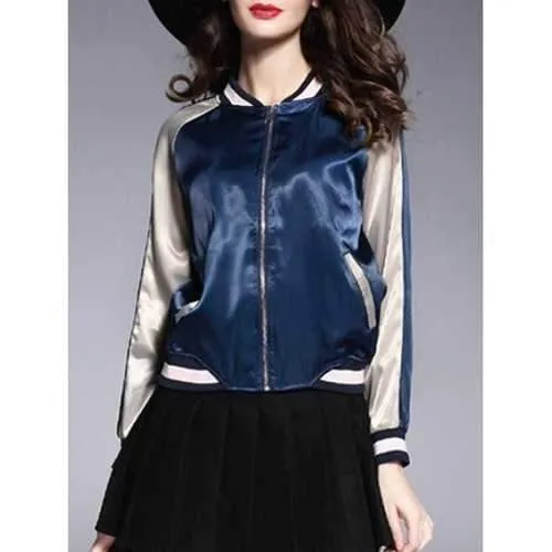 Embroidery Zip Up Souvenir Jacket - Cadetblue L
