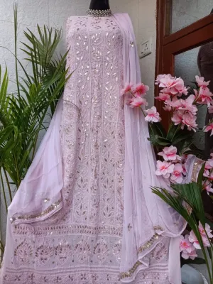 Fancy Party Wear Lucknowi Chikankari Gota Unstitched Salwar Suit In Rose Pink