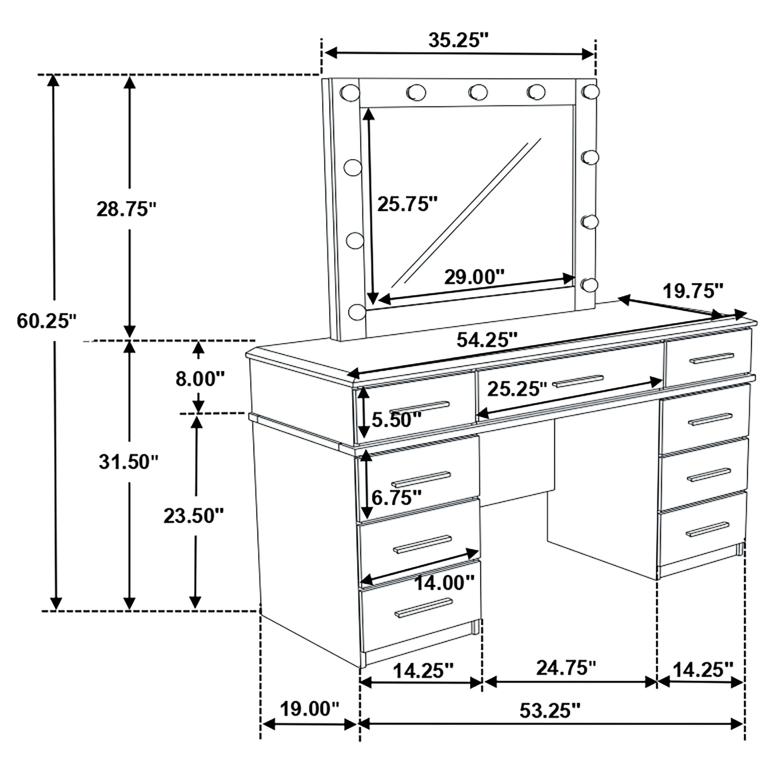 Felicity 9-drawer Vanity Table Lighted Mirror Glossy White