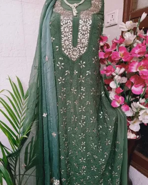 Forest Green Lakhnawi Chikankari Gota Party wear Salwar Suit Unstitched