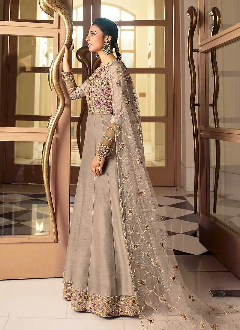 Grey Heavy Neck Embroidered Gown Style Anarkali