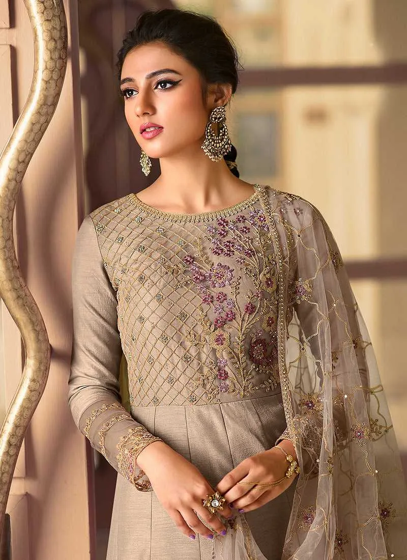 Grey Heavy Neck Embroidered Gown Style Anarkali