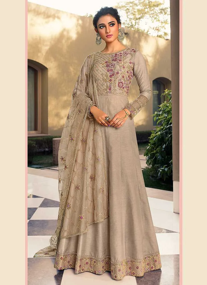 Grey Heavy Neck Embroidered Gown Style Anarkali