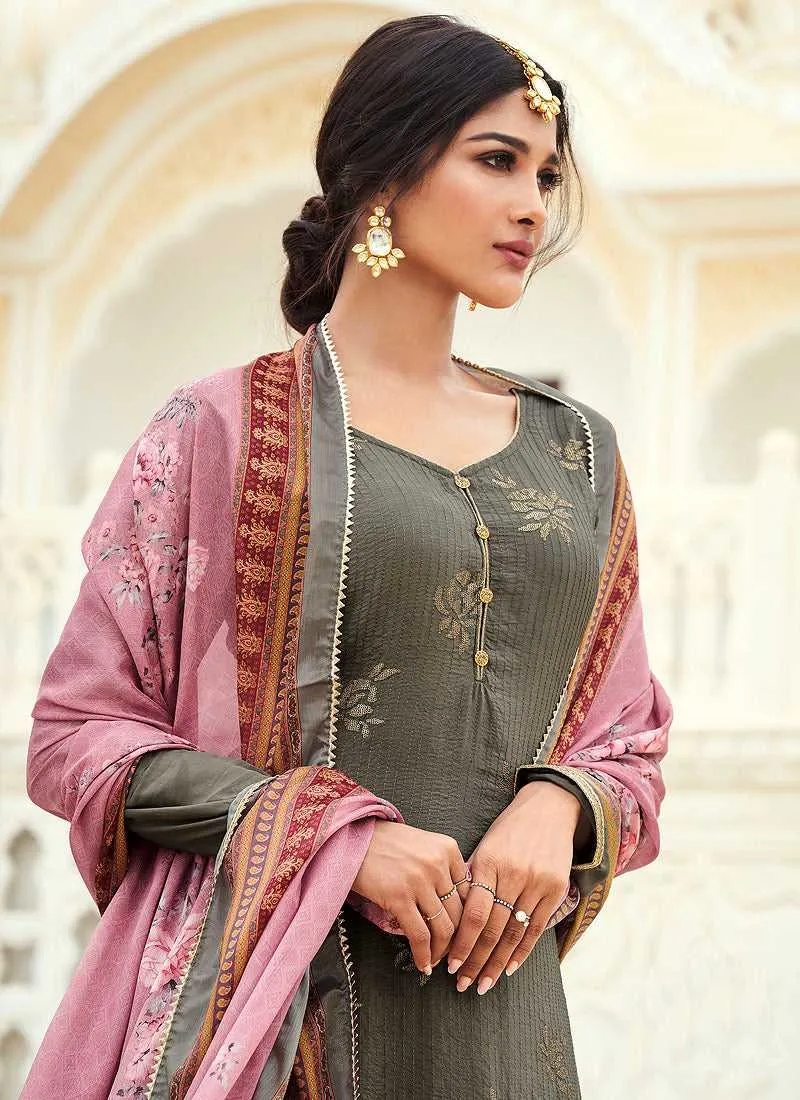 Grey Silk Work Embroidered Gharara Style Suit