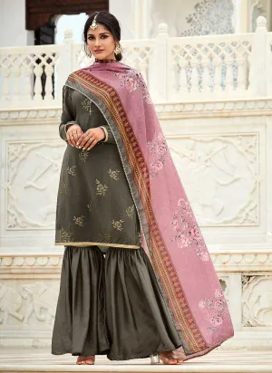 Grey Silk Work Embroidered Gharara Style Suit