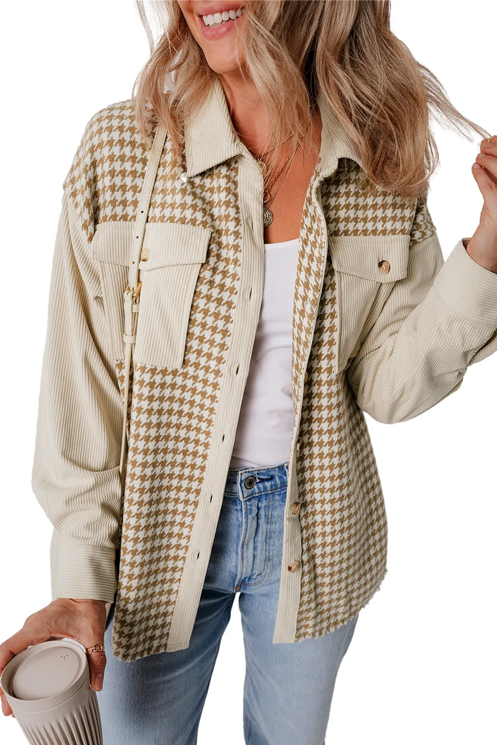 KaleaBoutique Houndstooth Corduroy Patchwork Flap Pocket Shacket