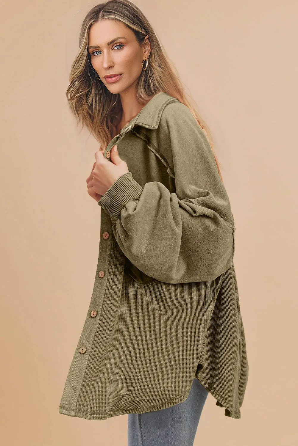 KaleaBoutique Waffle Knit Patchwork Buttoned Oversized Shacket