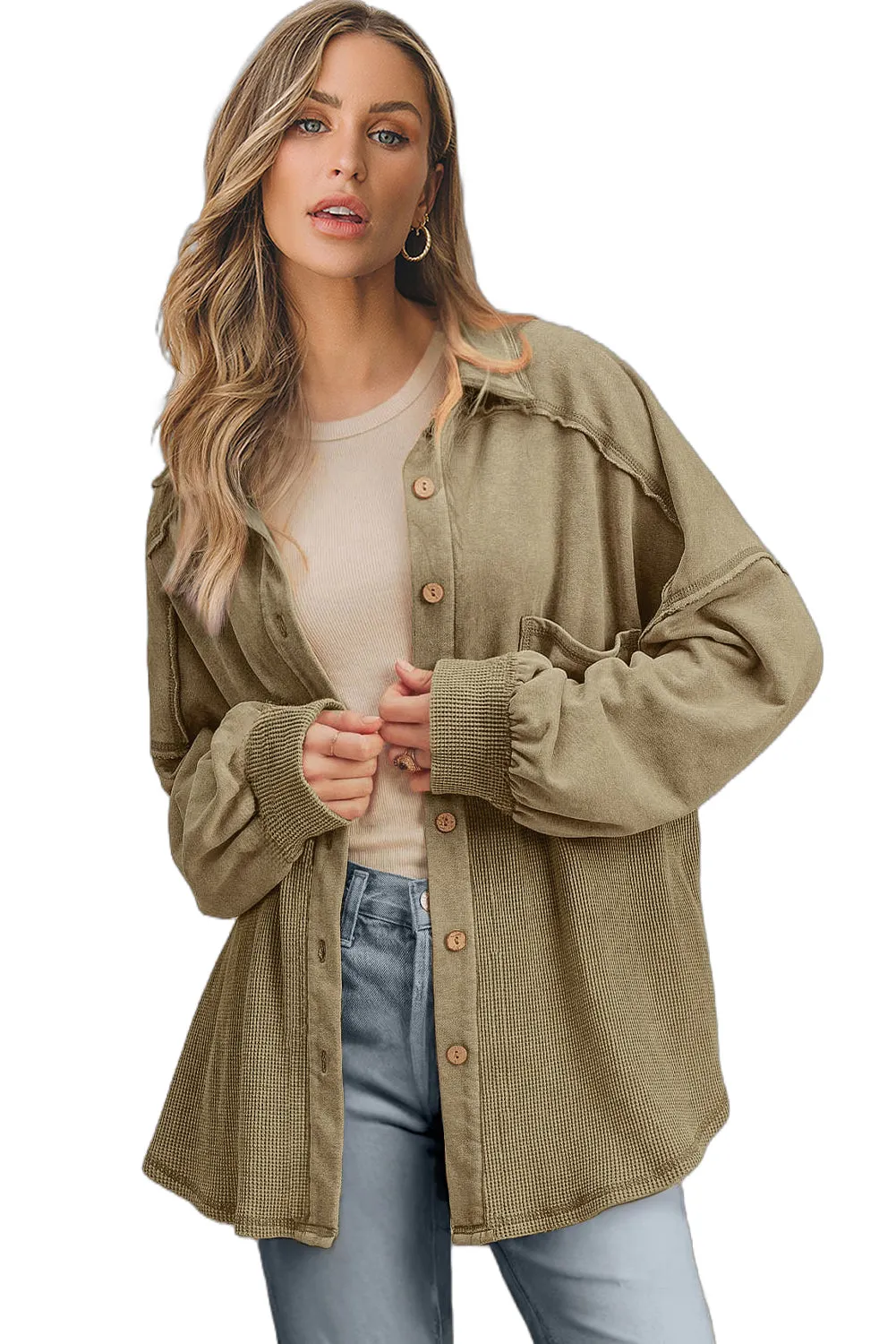 KaleaBoutique Waffle Knit Patchwork Buttoned Oversized Shacket