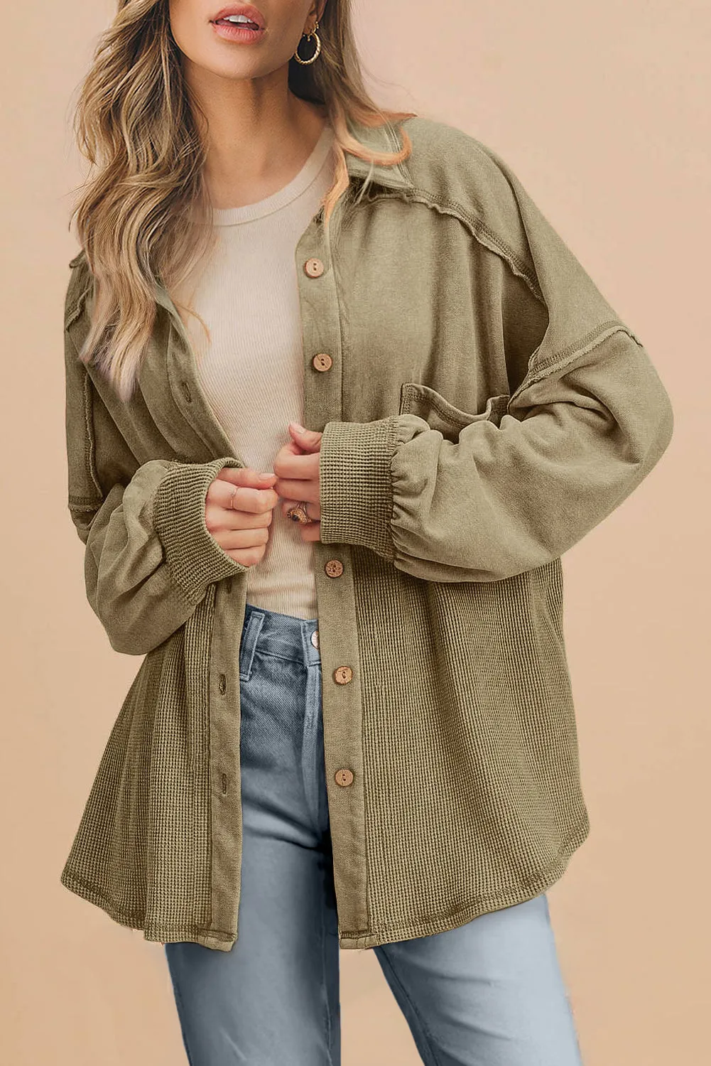 KaleaBoutique Waffle Knit Patchwork Buttoned Oversized Shacket